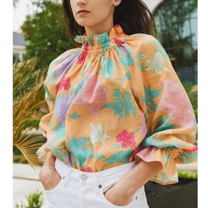 EPHEMERA Women's Orange Blue Garland Linen Blouse Sz 4